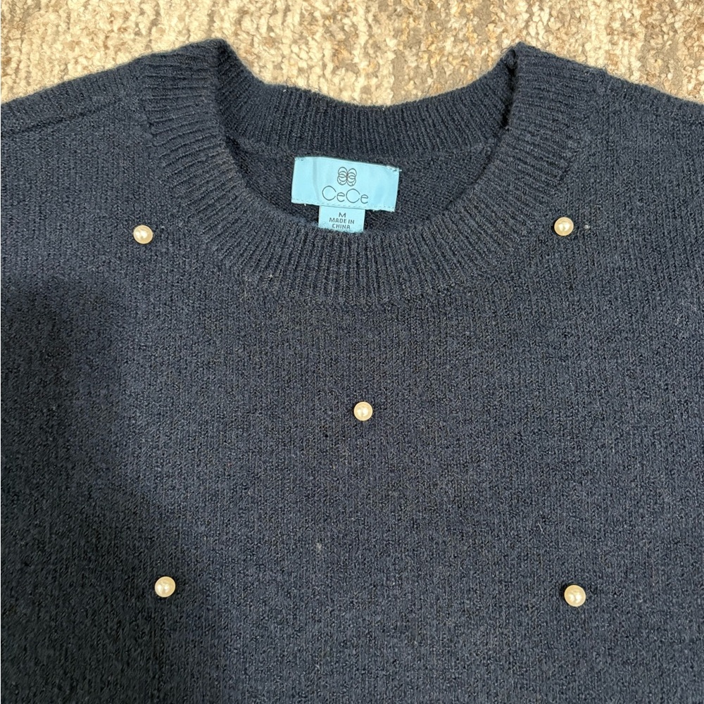 CeCe Navy blue Crew Neck Sweater with Pearl Accents - Picture 3 of 4